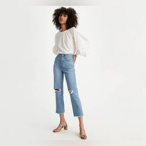 Levi's Wedgie Cropped Fray Hem Distressed High Waist Button Fly Blue Jeans 27